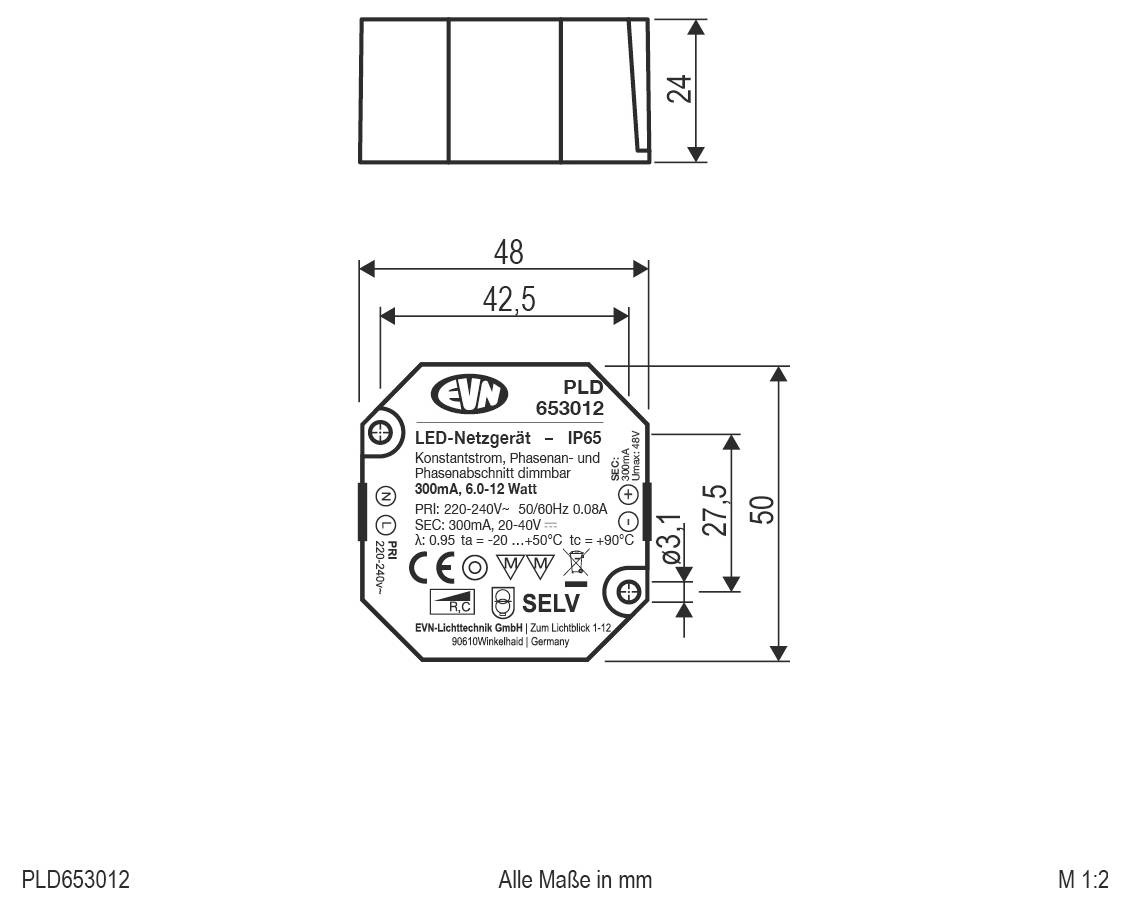Technische Zeichnung eines EVN PLD653012 LED-Stromversorgungsgeräts mit Abmessungsangaben in Millimetern, einschließlich 48 mm Breite und 50 mm Höhe.