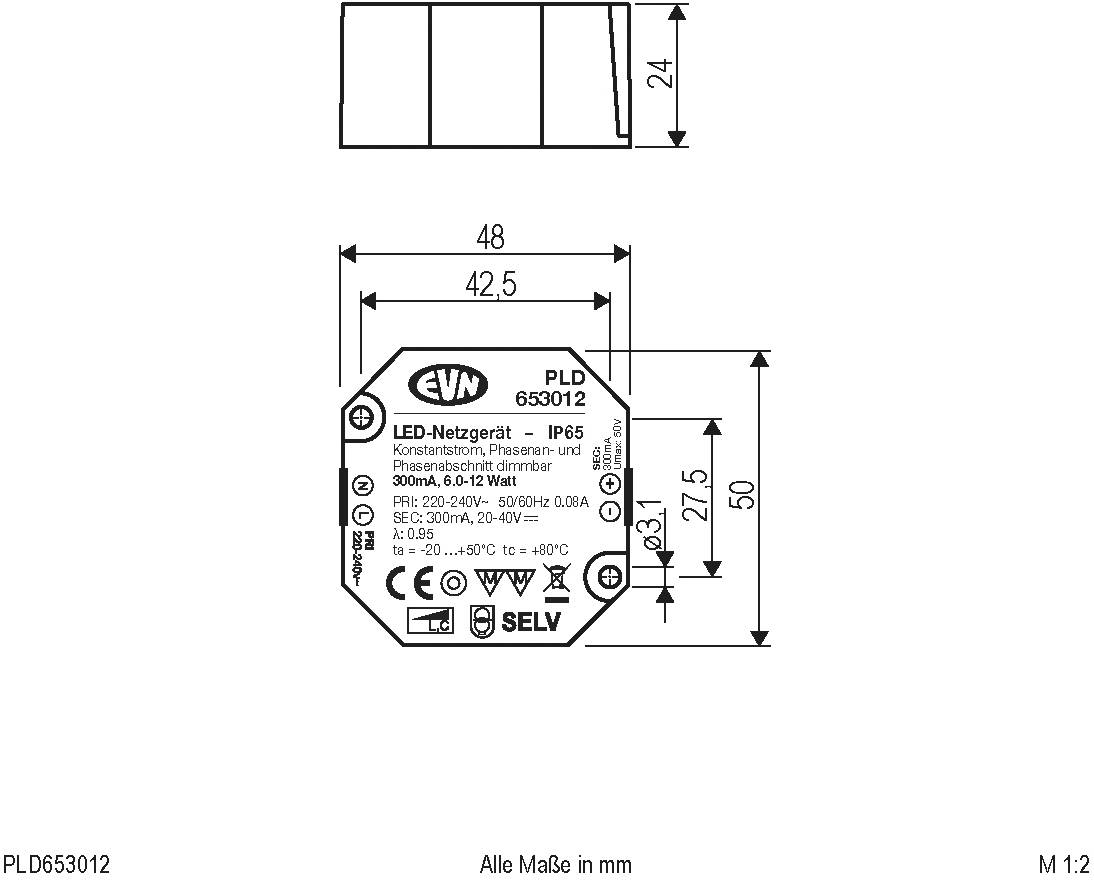 'LED-Netzgerät PLD 653012' Abmessungen: Breite 48,5 mm, Höhe 42,5 mm, Tiefe 30 mm. Eingang: 220-240V. Ausgang: 12V. Schutzart: IP65.