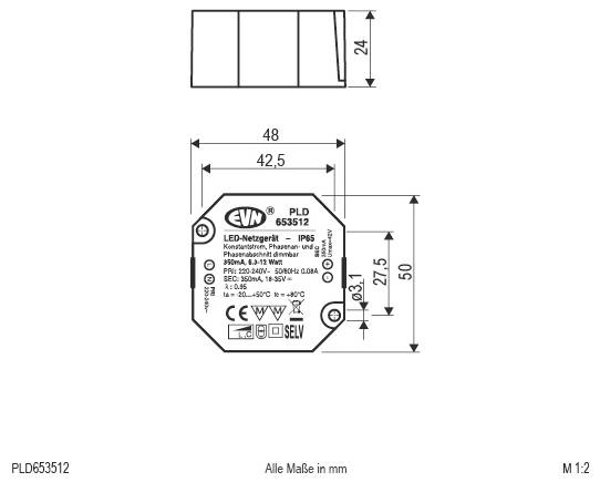 Technische Maßstabzeichnung einer Leuchte, die eine Gesamtlänge von 100 mm, eine Breite von 12 mm, eine Höhe von 10 mm, einen Schnitt A-A von 6 mm und Montagetoleranzen in Millimetern zeigt.