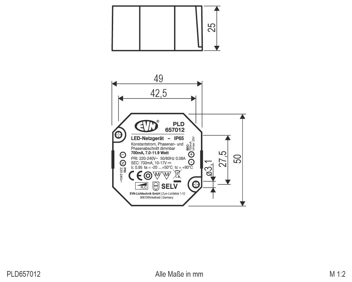 Technische Zeichnung einer runden LED-Einbauleuchte mit Steckertreiber, zeigt Front- und Seitenansichten mit Abmessungen in Millimetern und Verdrahtungsdetails.