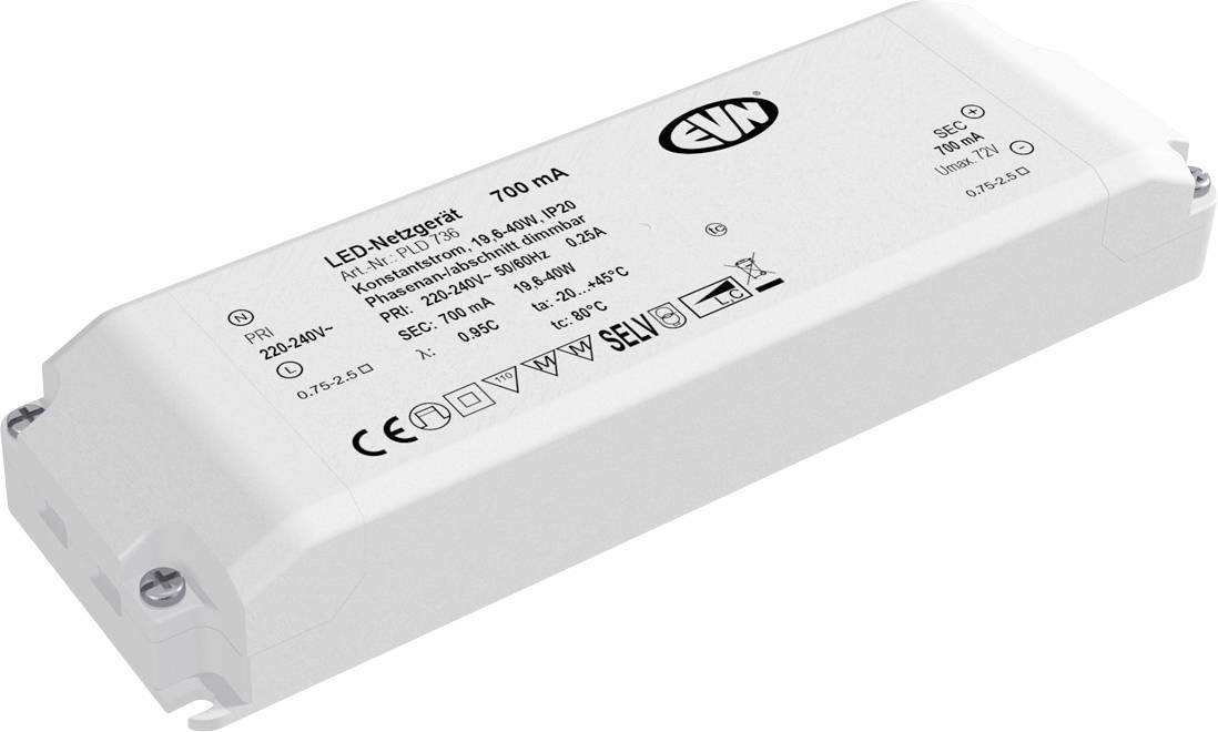 LED-Treiber mit Kennzeichnungen zur elektrischen Spezifikation: 700 mA, 12-36 V, 25 W, IP66, für den Innen- und Außenbereich.