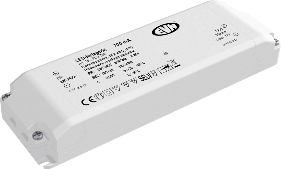 Weißes LED-Treibernetzteilmodul mit der Bezeichnung „LED+ Metrox 700 mA