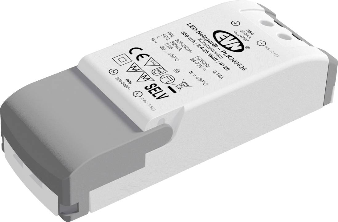 LED-Netzteil PLR30S235, 350mA, 2-43V DC, Schutzart IP20, Hersteller: EVN, weißes Gehäuse mit grauem Anschluss, für Innenanwendungen.