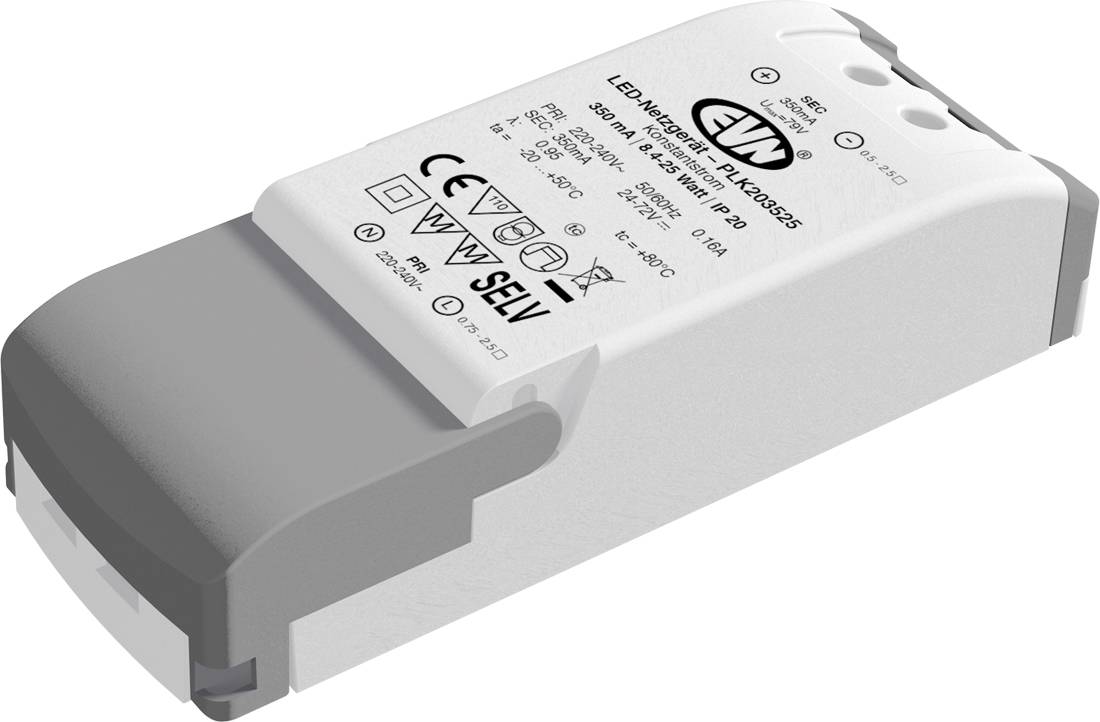 Weißes rundes LED-Treibermodul mit drei angeschlossenen Drähten: roten/schwarzen Stromversorgungsleitungen und weißen Ausgangsleitungen, auf einfachem Hintergrund dargestellt.