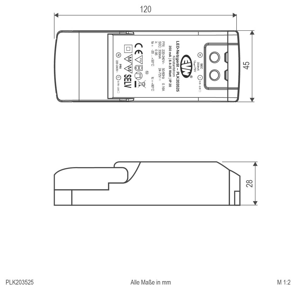 Technische Zeichnung eines rechteckigen LED-Moduls, dargestellt in Draufsicht und Seitenansicht mit den Abmessungen 120 mm Länge, 45 mm Breite und 28 mm Höhe.