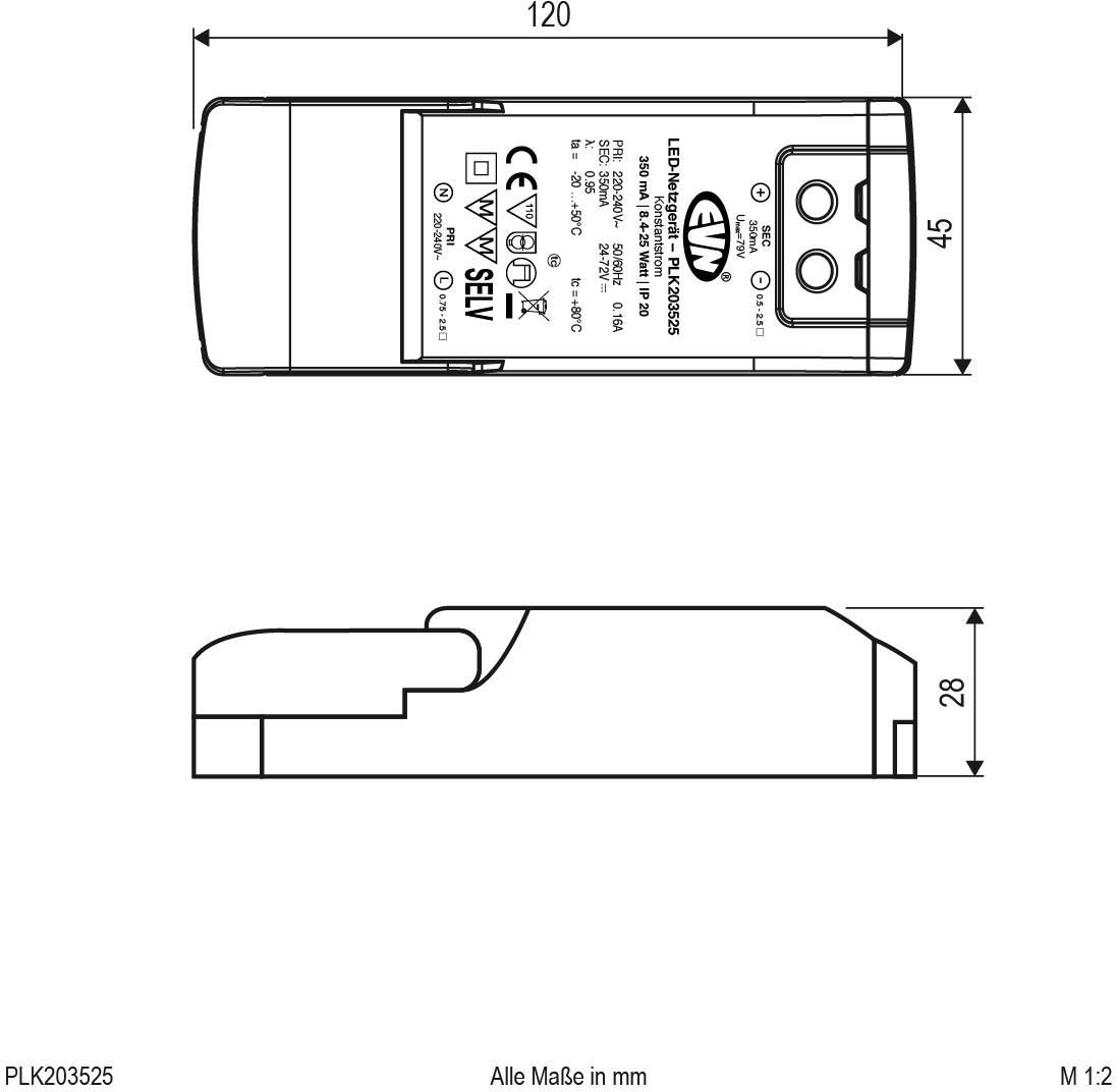 Technische Zeichnung eines elektronischen Bauteils mit Abmessungen: Länge 120 mm, Breite 45 mm, Höhe 28 mm. Alle Maße in mm.