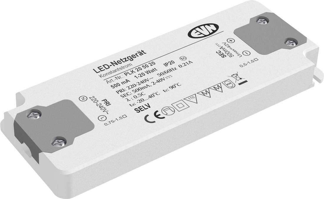 Weiße LED-Stromversorgungstreiber-Einheit mit gedruckten Spezifikationen und Metall-Montagestutzen.