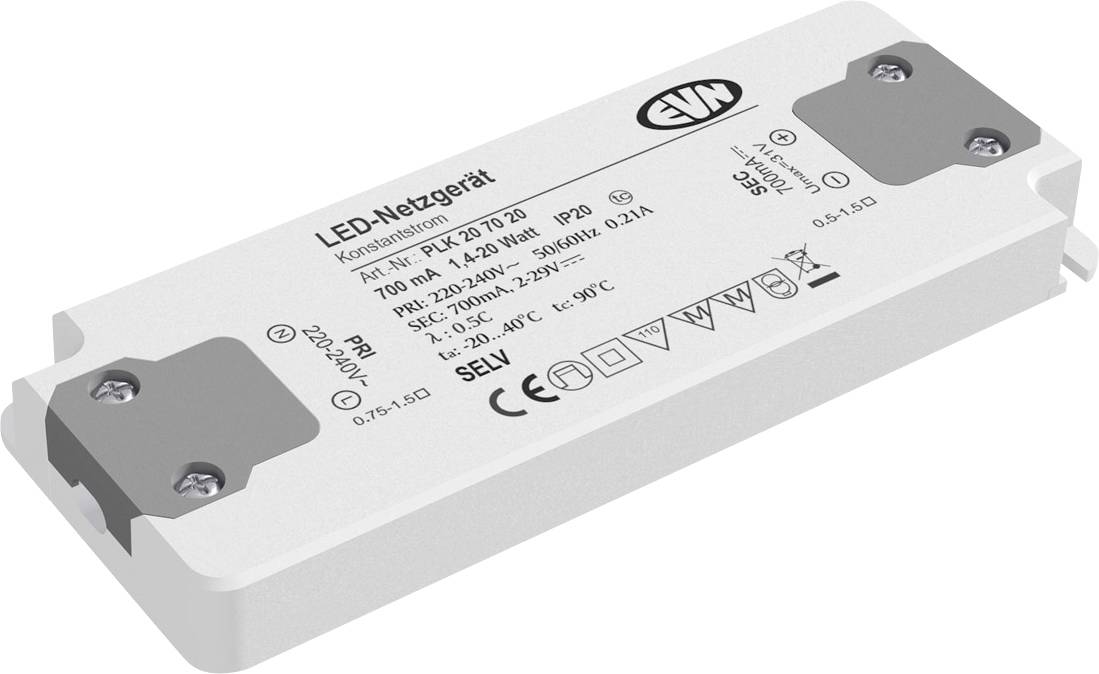 Ein rechteckiges LED-Netzgerät von EVM mit technischen Spezifikationen und Konformitätssymbolen auf der Oberseite. предназначенный для LED-Beleuchtung.