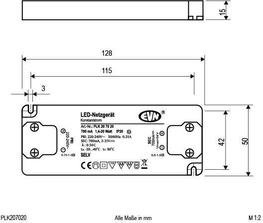 Technische Zeichnung eines LED-Netzteils mit Maßen: Länge 128 mm, Breite 43 mm. Produktdetails wie Spannung und Schutzklasse sind angegeben.