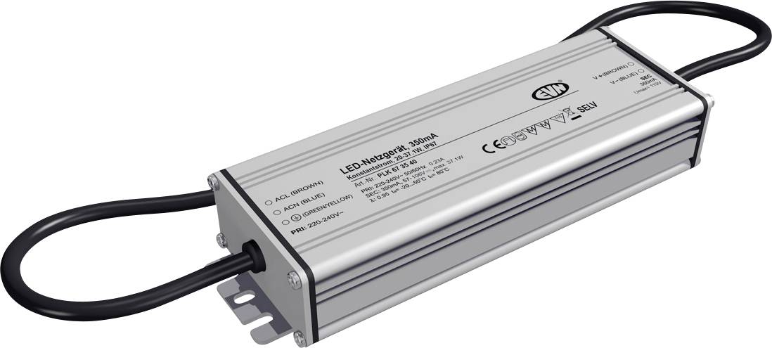 Silber-LED-Stromversorgungstreiber mit schwarzen Kabeln und Montagelaschen auf weißem Hintergrund.