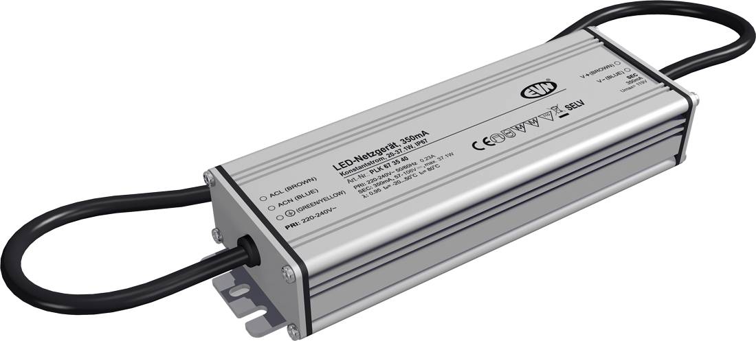 Silberner LED-Treibernetzteil mit schwarzen Kabeln und Montagelaschen, gekennzeichnet mit 61,4W für LED-Beleuchtung.