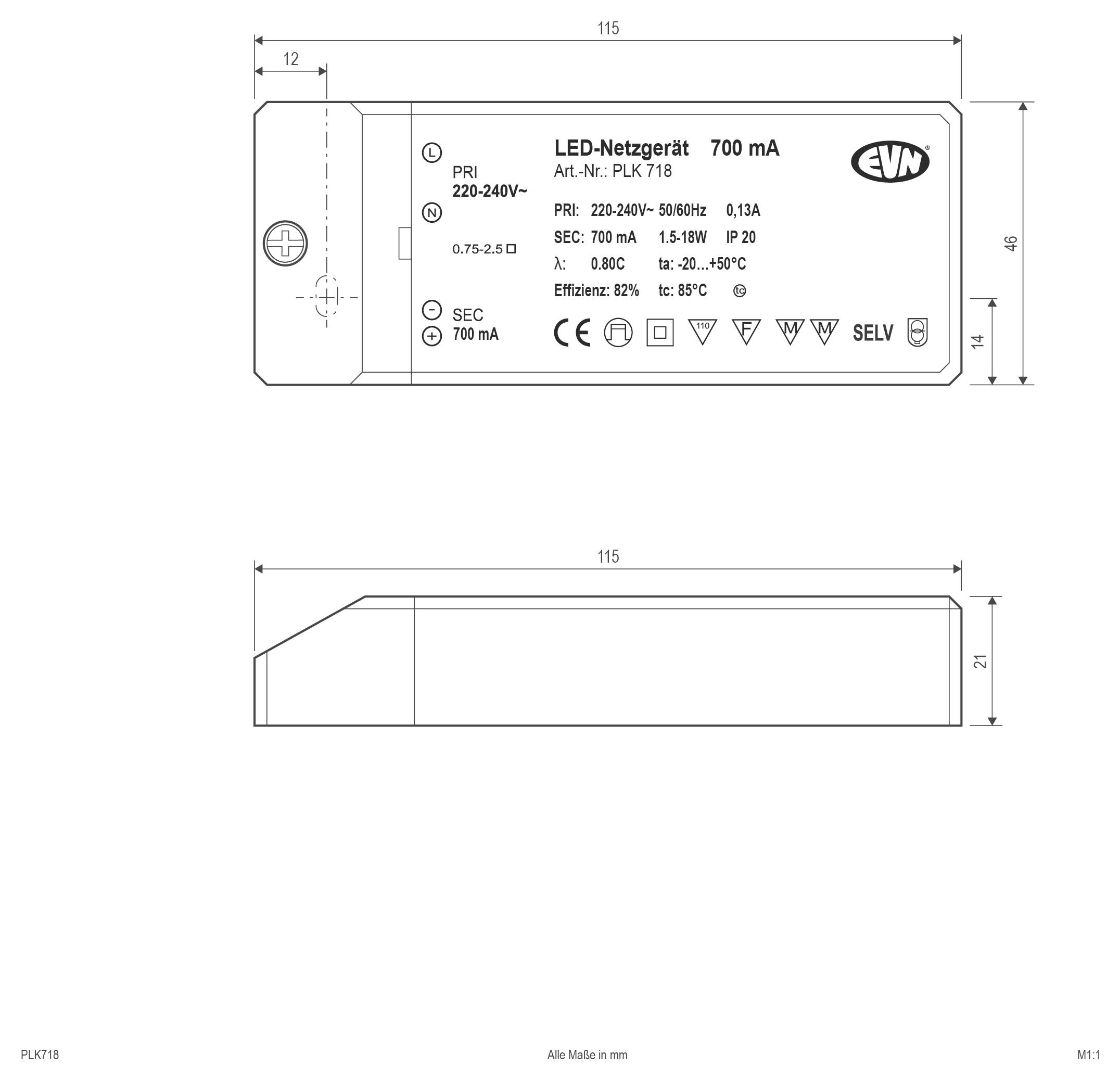Technische Zeichnung eines 2000 mm langen Profils mit Querschnittabmessungen von 15 mm Breite, 12 mm innere Breite und 8 mm Höhe.