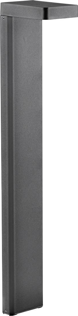 Schwarze, rechteckige Metallleuchte für den Außenbereich, vertikal ausgerichtet, mit L-förmiger Abdeckung oben.