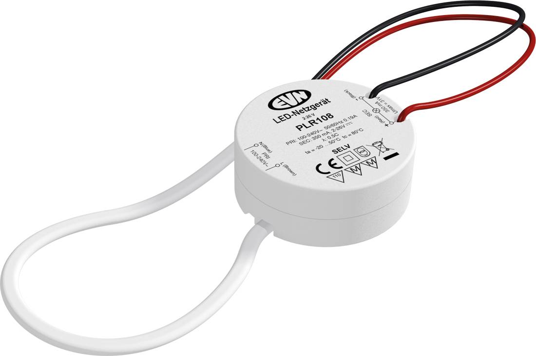 Rundes LED-Transformatormodul mit roten und schwarzen Drähten und einem weißen Ausgangskabel, gekennzeichnet mit „LED Transformer
