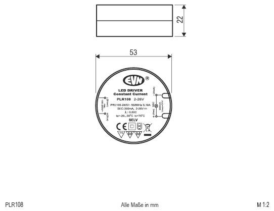 Technische Zeichnung eines runden LED-Treibers mit Maßangaben, showing a 53 mm Durchmesser und 22 mm Höhe, labeled PLR108, alle Maße in mm.