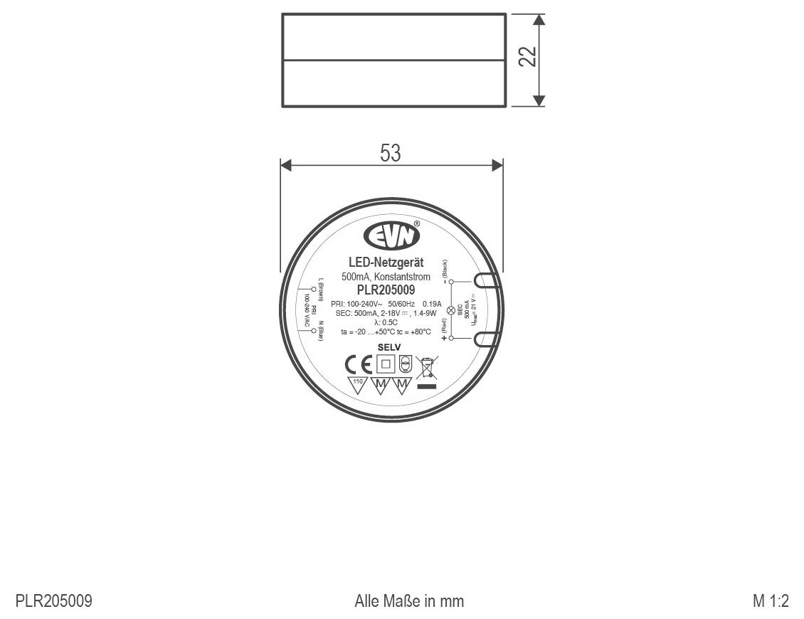 Technische Maßzeichnung eines runden EVN LED-Niederspannungs-Konstantstrommoduls mit 53 mm Durchmesser und 22 mm Höhe, Modell PLR205009 und alle Maße in mm.