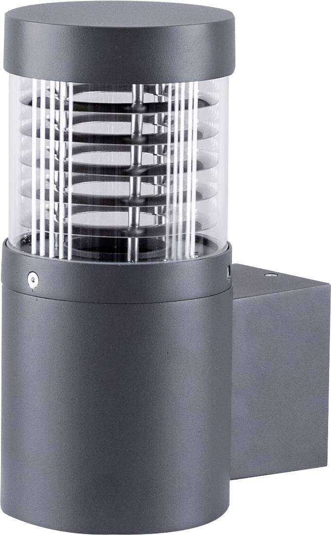 Moderne zylindrische Außenwandleuchte mit klarer gerippter Linse und geschichteten inneren Ringen, montiert auf einer dunklen rechteckigen Basis.