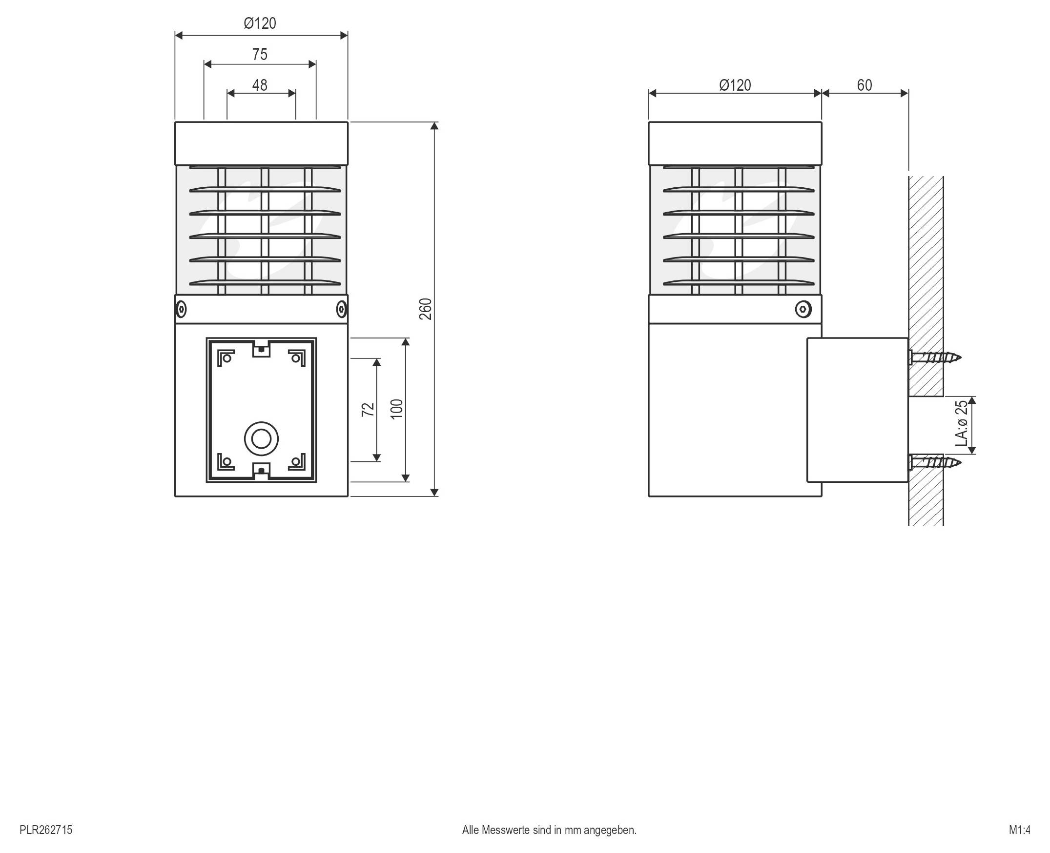 Technische Zeichnung einer deckenmontierten Leuchte mit Seiten- und Draufsicht mit Abmessungen, einschließlich 100 mm Breite, 850 mm Höhe und 200 mm Bodenabschnitt.