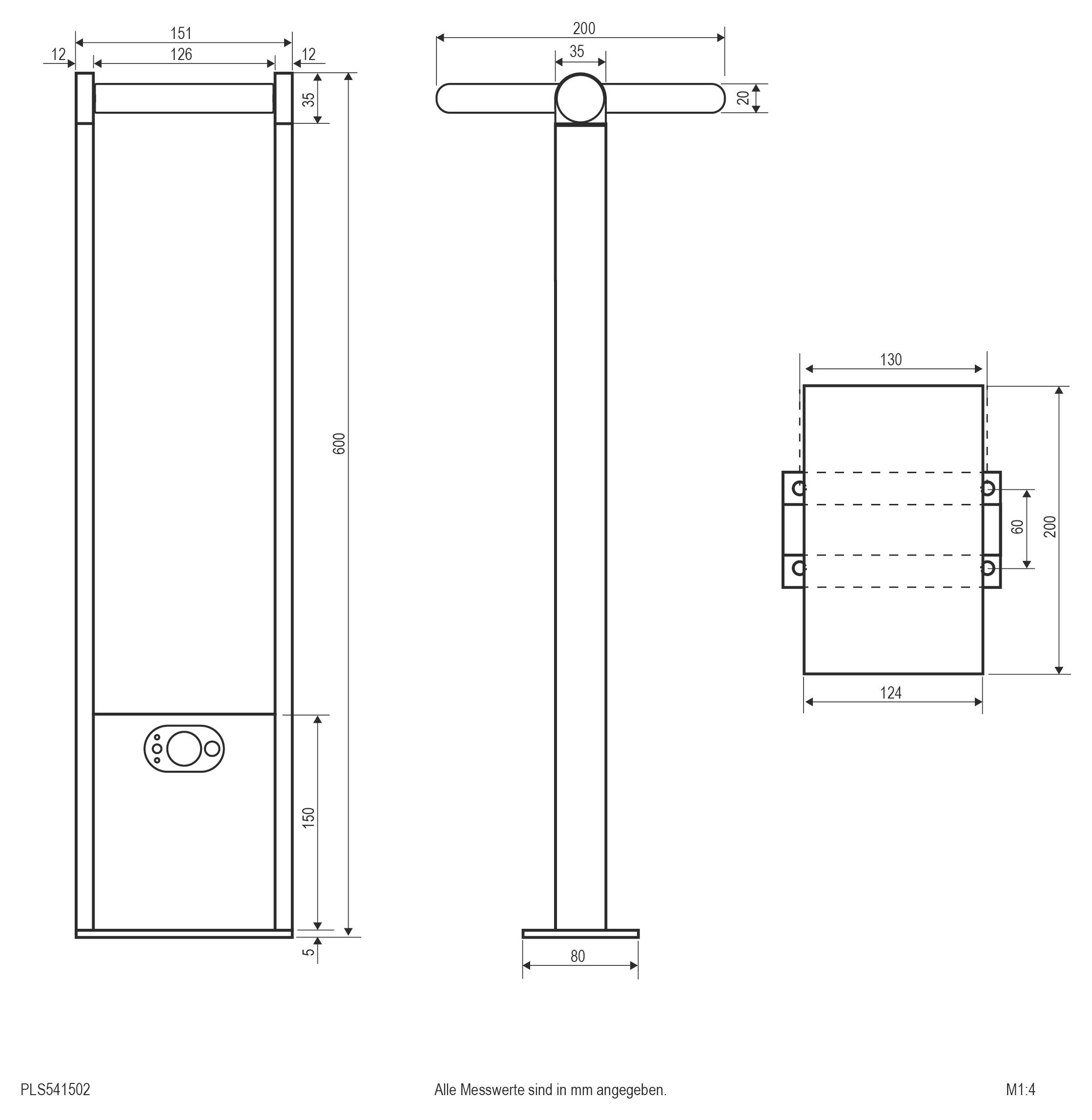 Technische Maßzeichnung einer T-förmigen Stütze oder eines Pfahls mit Front-, Seiten- und Montageansichten, beschriftet in Millimetern.
