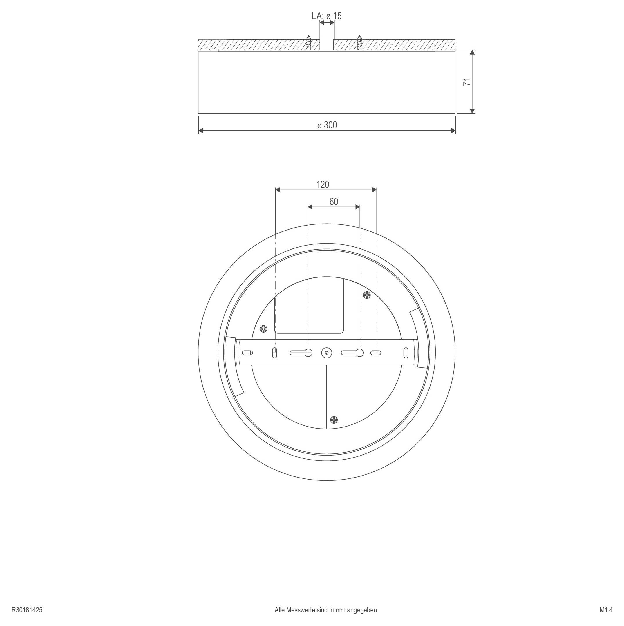 Technische Zeichnung einer kreisförmigen mechanischen Abdeckung oder eines Sensors mit Seiten- und Vorderansicht sowie Abmessungen einschließlich eines Durchmessers von 300 mm und einem Abstand von 120/60 mm.
