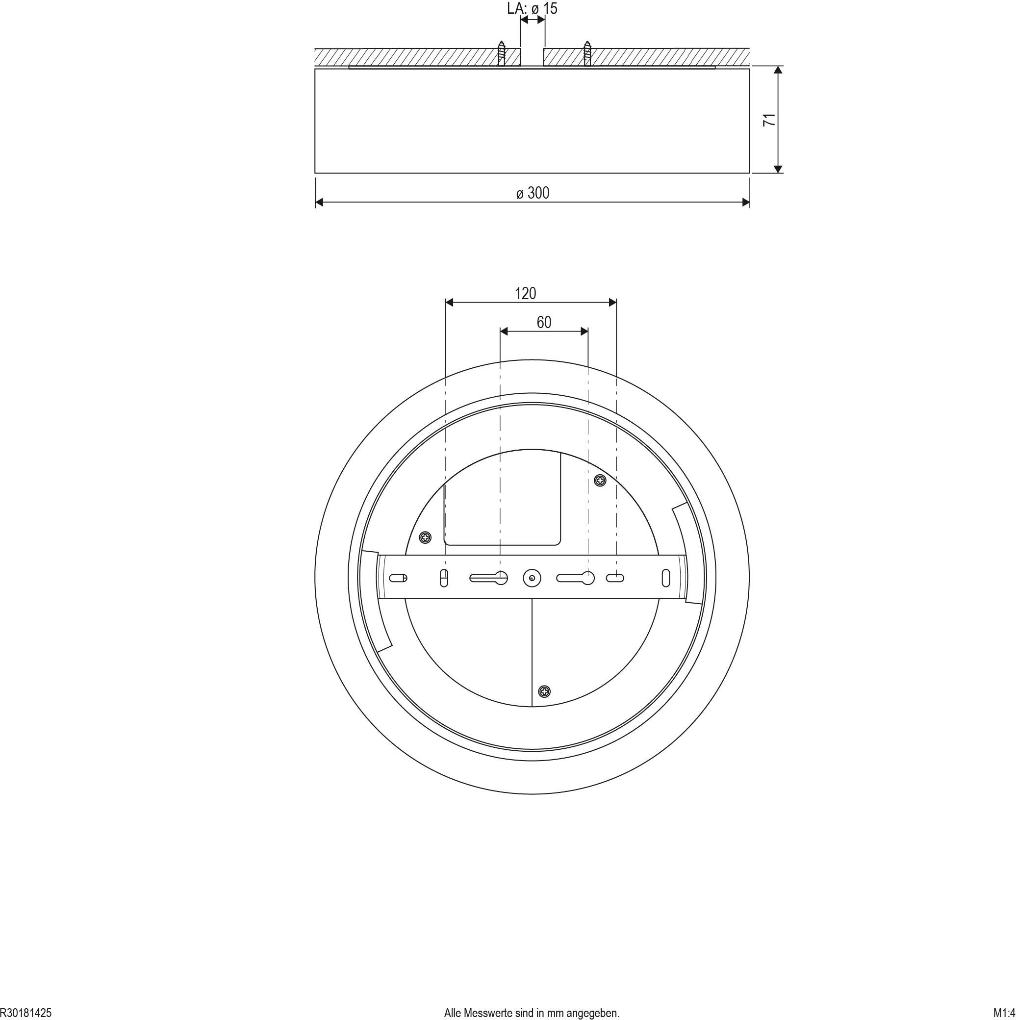 Technische Zeichnung eines kreisförmigen Bauteils mit Maßangaben. Oben ist die Seitenansicht, unten die Draufsicht. Maße in mm angegeben.