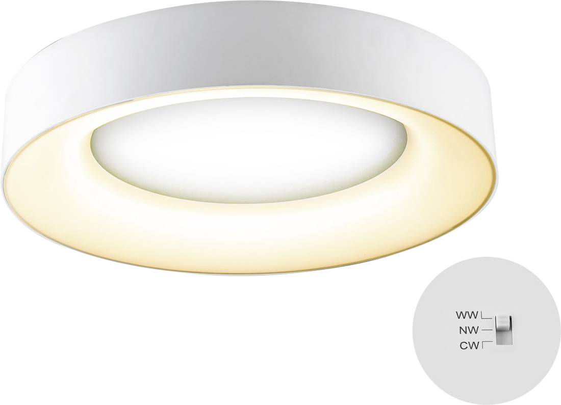 Runde, bündig in der Decke montierte Deckenleuchte mit warmweißem Glühen und einem Schalter mit den Beschriftungen WW, WL und CW zur Auswahl des Lichtmodus.