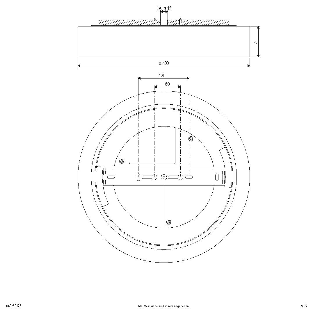 Technische Ingenieurzeichnung eines kreisförmigen Metallelementes, zeigt Draufsicht und Frontansicht mit Abmessungen und Befestigungsdetails.