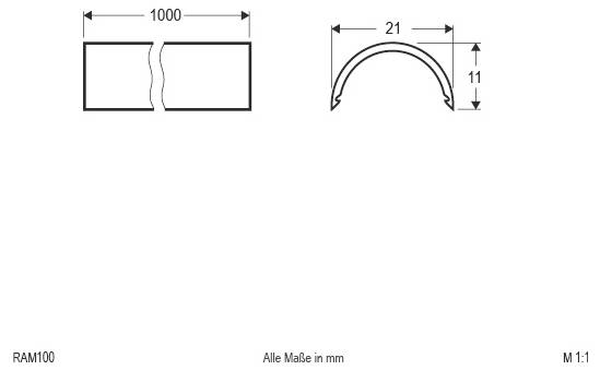 Technische Zeichnung eines gekrümmten rechteckigen Teils in zwei Ansichten, mit Abmessungen von 1000 mm Breite, 21 mm über den Bogen und 11 mm Höhe; Hinweis besagt, dass alle Maße in mm angegeben sind.