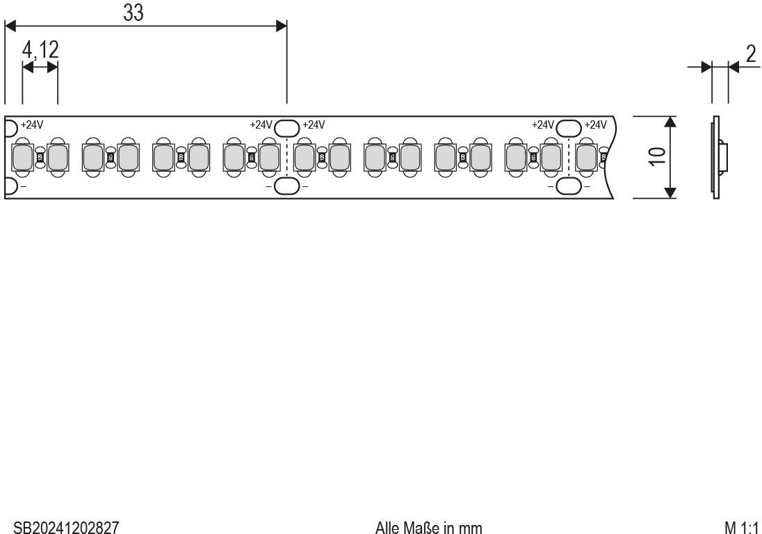Technische Zeichnung einer LED-Leiste mit Abmessungen. Länge: 33 mm, Breite: 10 mm, Anschlüsse: +24V. Maßstab 1:1.