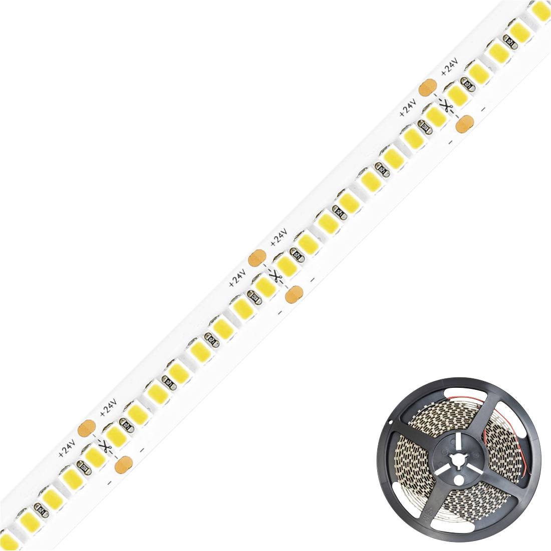LED-Streifen leuchtet mit weißen und gelben LEDs, daneben eine Rolle mit aufgewickeltem LED-Band.