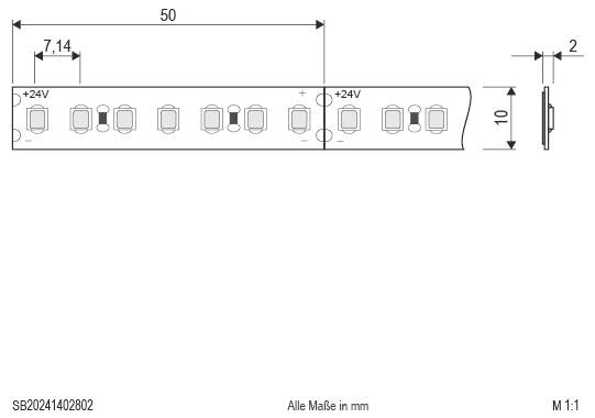 Technische Zeichnung eines LED-Streifensegments mit Abmessungen: 50 mm Länge, 10 mm Breite, 7,14 mm Abstand, 2 mm Dicke und +24V Polaritätskennzeichnungen.