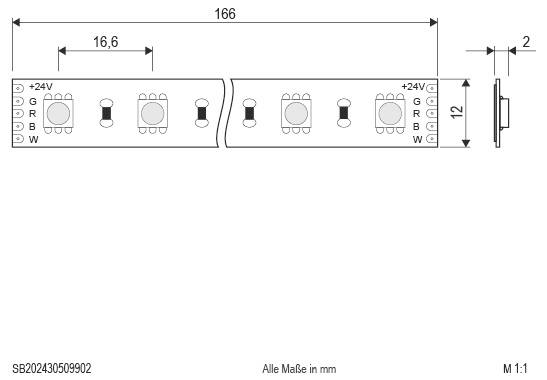 Bemaßte technische Zeichnung eines LED-Streifenverbinders mit zwei Streifenenden mit 24V, G, R, B, W-Anschlüssen; Länge 166 mm, Breite 12 mm, Tiefe 2 mm, Maßstab 1:1.