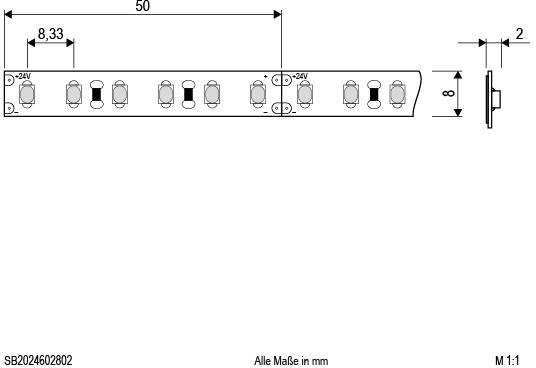 Technische Zeichnung einer Leiste mit mehreren symmetrischen Anschlüssen, Nummerierung von links nach rechts, Maße in mm angegeben.