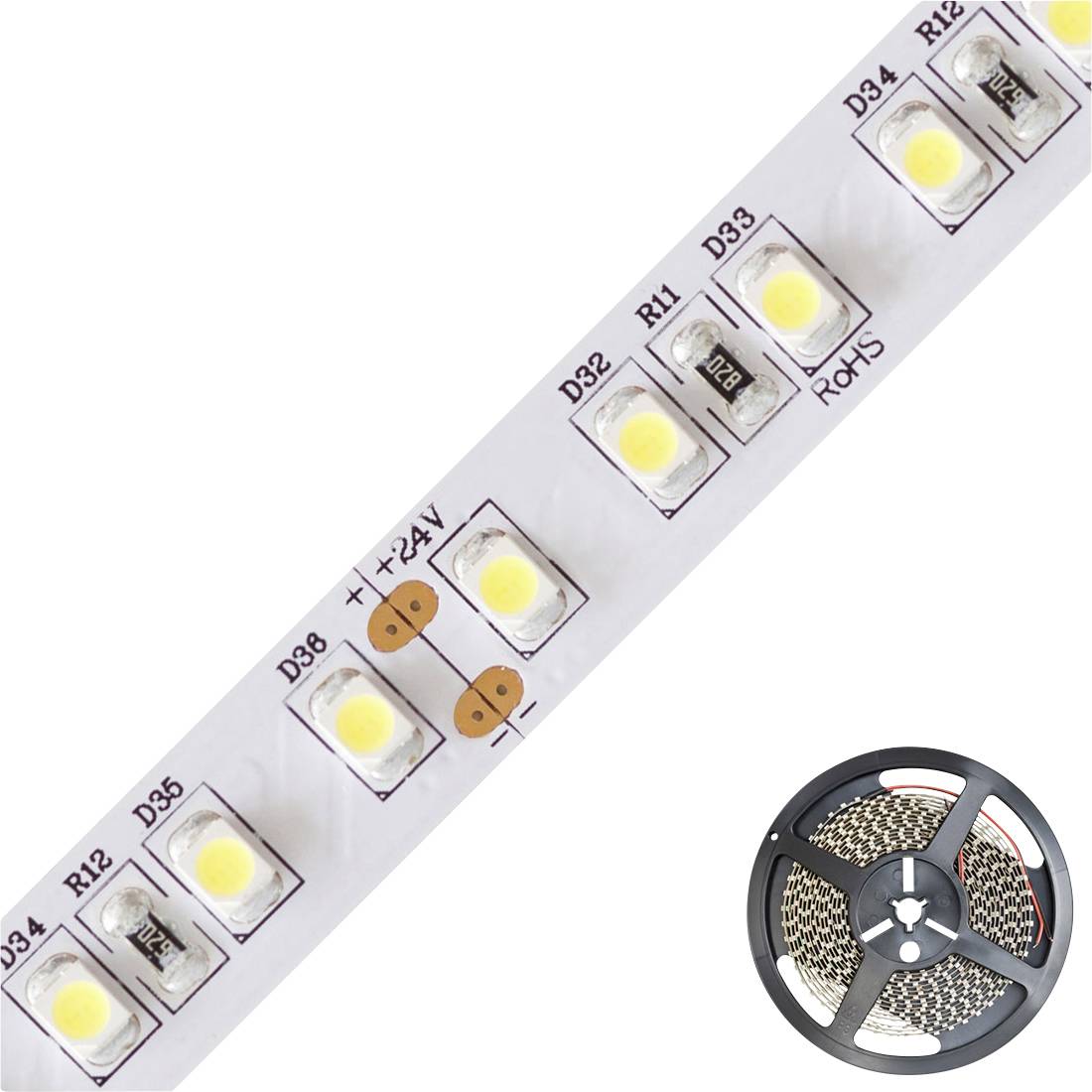 Flexible LED-Streifen, 24V, mit leuchtenden gelben Dioden und Beschriftungen wie 'R1' und 'D38'; darunter eine aufgewickelte Rolle.