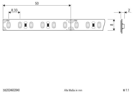 Technische Maßzeichnung einer langen LED-Leuchtenleiste mit Befestigungslöchern und Teilelayout, mit beschrifteten Abmessungen von 50, 8,33, 8 und 2 mm.