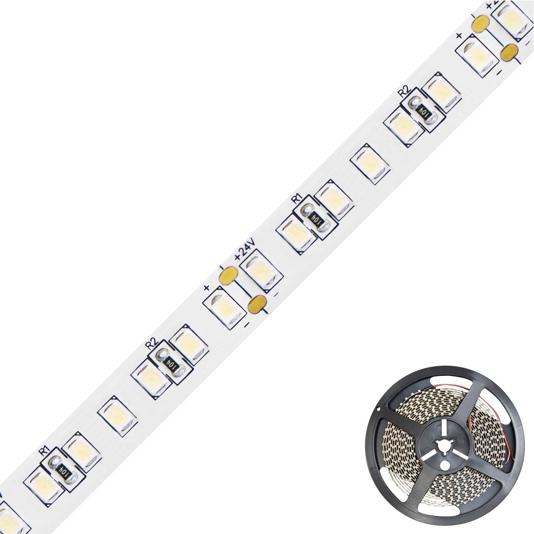 Spule mit weißem LED-Streifenlicht mit oberflächenmontierten LEDs und Widerständen, diagonal auf weißem Hintergrund mit teilweise sichtbarer Spule dargestellt.