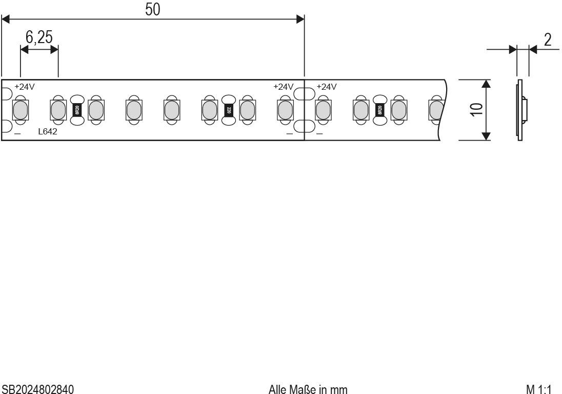 Technische Zeichnung einer Metallschiene mit acht runden Befestigungslöchern, Beschriftung '+24V' und Maßangaben 50 mm x 10 mm.