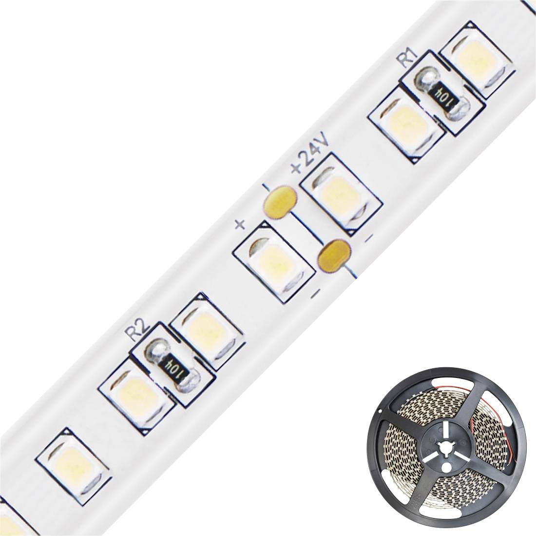 LED-Streifen mit mehreren Leuchtmodulen, beschriftet mit '+24V', Wickelrolle mit weiteren LED-Streifen unten rechts.