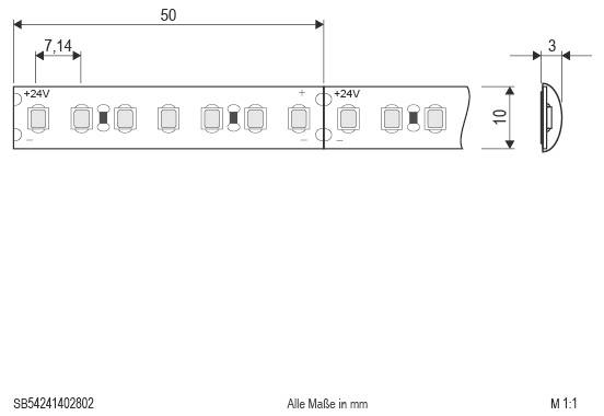 Technische Zeichnung eines LED-Streifensegments mit Abmessungen in Millimetern: 50 mm Länge, 10 mm Breite, 3 mm Dicke und 7,14 mm Abstand; gekennzeichnet mit „+24V
