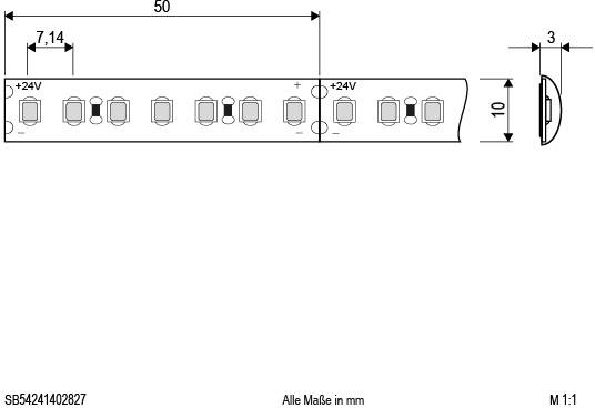 Technische Zeichnung: Ein Bauteil mit mehreren Steckverbindungen, markiert mit +24V. Maße: 50x10x3mm, Abstand 7,14mm.