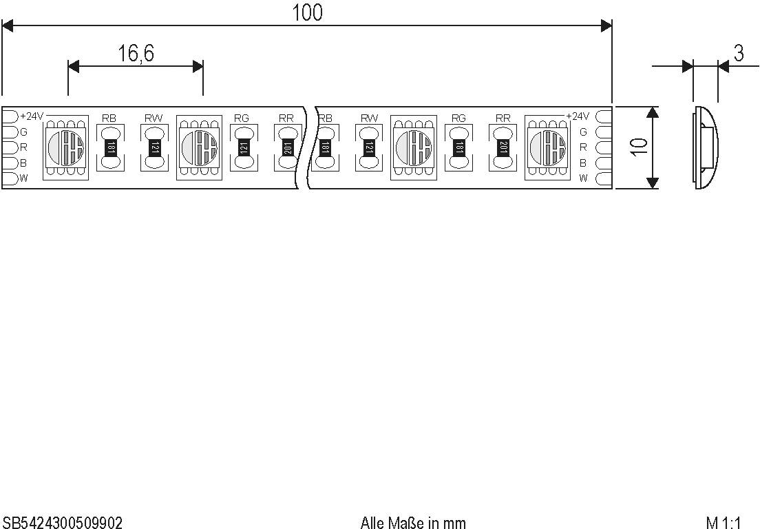 Elektronische Schaltung mit den Maßen 100 mm x 10 mm; markiert mit RGB- und 24V-Anschlüssen; Seitenansicht zeigt alle Maße.