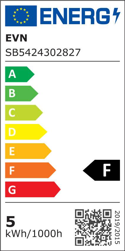 Energieetikett mit EU-Logo. Effizienzklassen von A (grün) bis G (rot). Produkt: EVN, Klassenstufe: F, Energieverbrauch: 5 kWh/1000h.