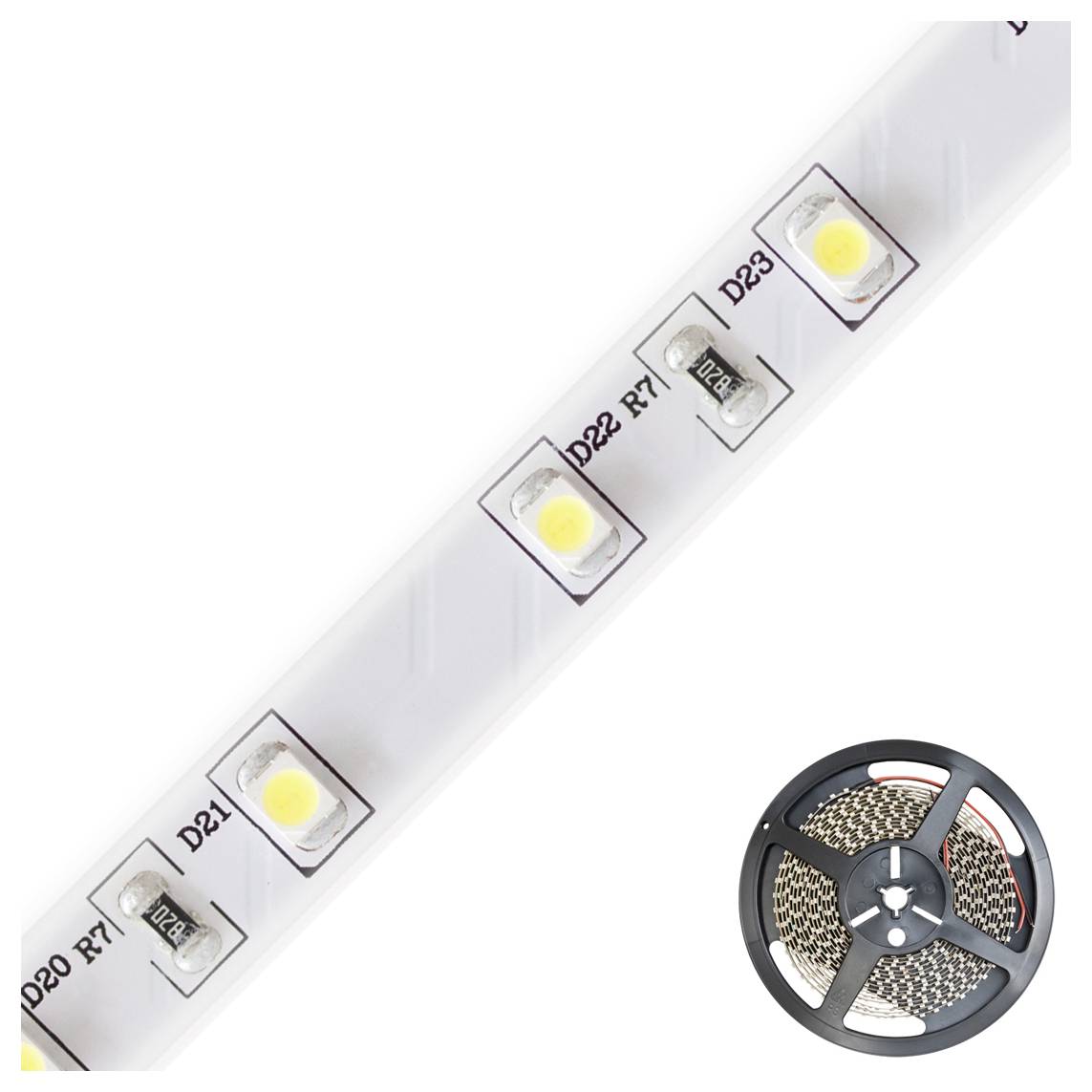 LED-Streifenlicht mit beschrifteten Komponenten und eine Rolle Streifenbeleuchtung, die das Produkt und seine aufgewickelte Spule zeigt.