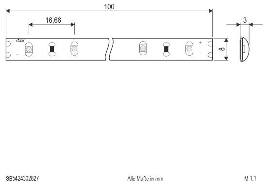 Technische Zeichnung eines schneidbaren LED-Streifensegments mit den Abmessungen 100 mm Länge, 8 mm Breite, 16,66 mm Abstand und 3 mm Dicke.