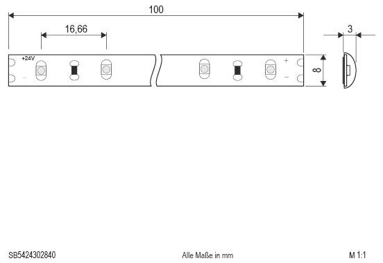 Technische Zeichnung eines 100 mm langen LED-Streifenabschnitts mit Schnittmarkierung bei 16,66 mm, 8 mm Breite, 3 mm Dicke und 24V-Polaritätsmarkierung.