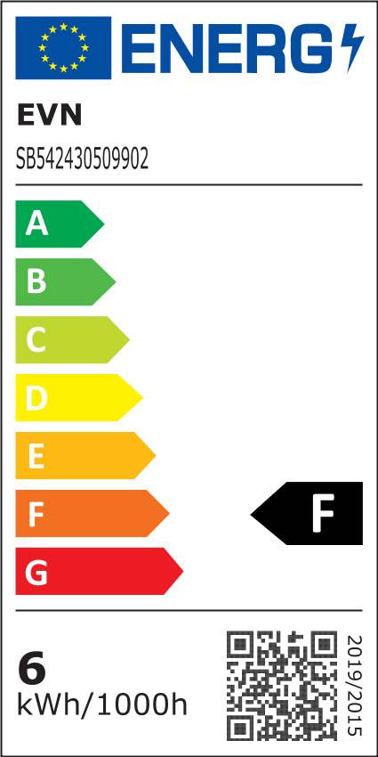 Energieeffizienzlabel für ein Gerät: Klasse 'F', jährlicher Energieverbrauch 6 kWh/1000h, mit EU-Flagge-Symbol, QR-Code unten rechts.