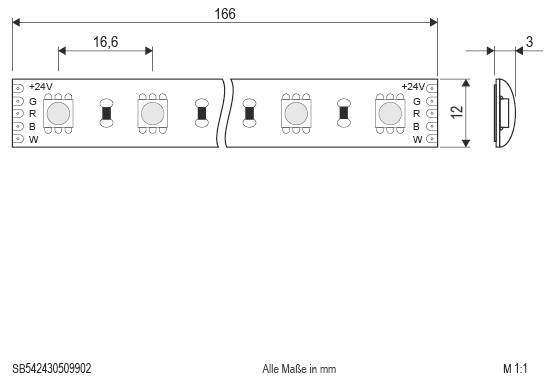Dimensionierte technische Zeichnung eines LED-Streifensegments, 166 mm lang und 12 mm breit, mit 16,6 mm Abstand und einem 3 mm Seitenprofil, beschriftet mit +24V, G, R, B, W.