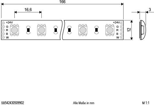 'LED-Connector' Abbildung zeigt Maße: Gesamtlänge 166 mm, Breite 12 mm. Seitenansicht rechts. Anschlüsse für rot, grün, blau, weiß, 24V. Alle Maße in mm.