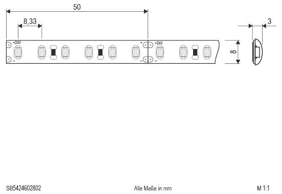 Technische Zeichnung eines schlanken LED-Leuchtstreifens mit einer Gesamtlänge von 50 mm, einer Breite von 8 mm, einer Seitentiefe von 3 mm und einem Abstand von 8,33 mm zwischen den Befestigungspunkten; alle Abmessungen in mm.