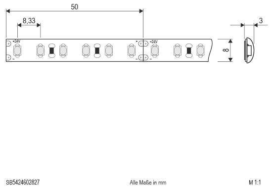 Technische Strichzeichnung einer 50-mm-LED-Leuchtenleiste mit mehreren LEDs und Befestigungslöchern, mit Abmessungen in Millimetern und Seitenprofil dargestellt, gekennzeichnet mit „Alle Maße in mm